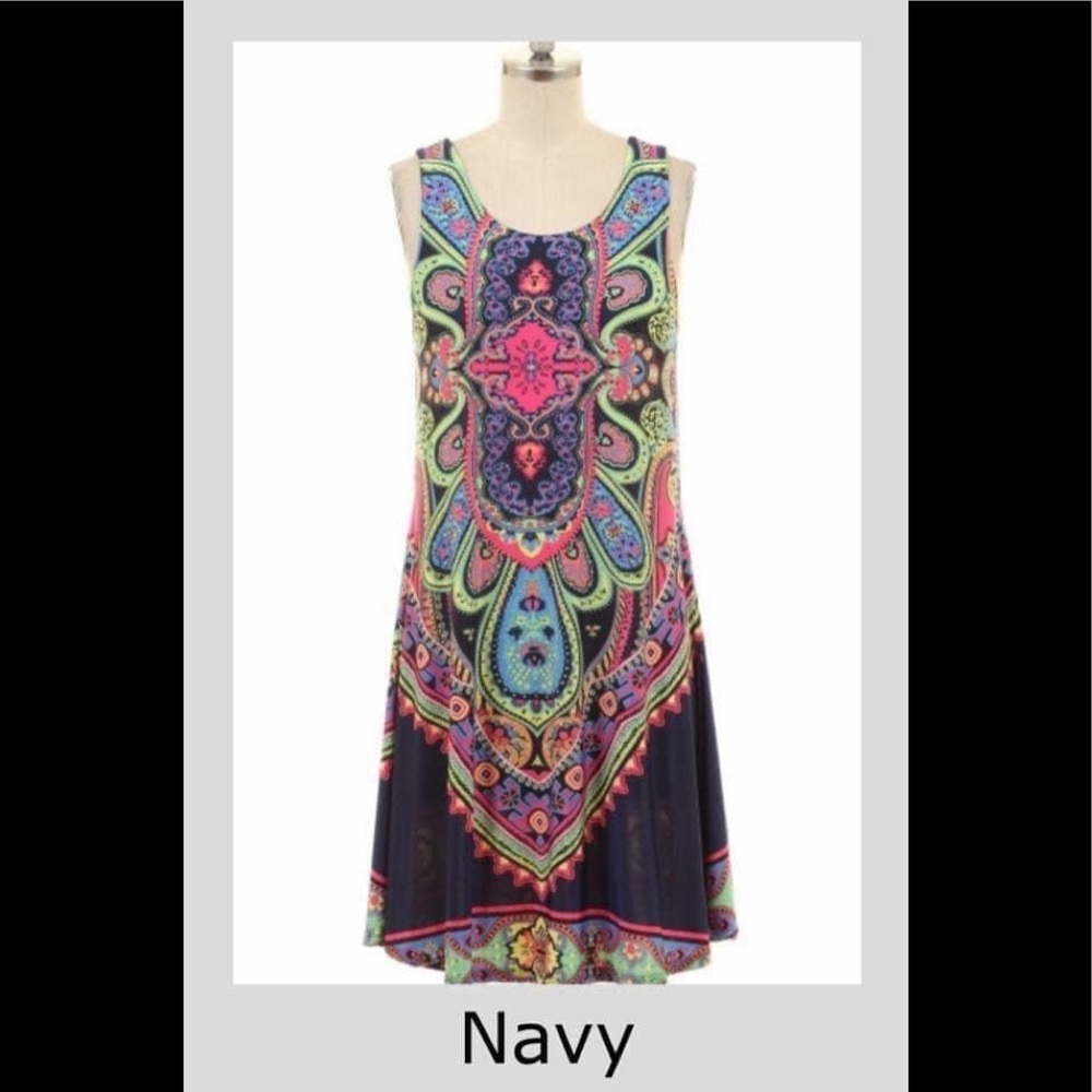 🆕💙Pocketed-navy, colorful print sleeveless dress
